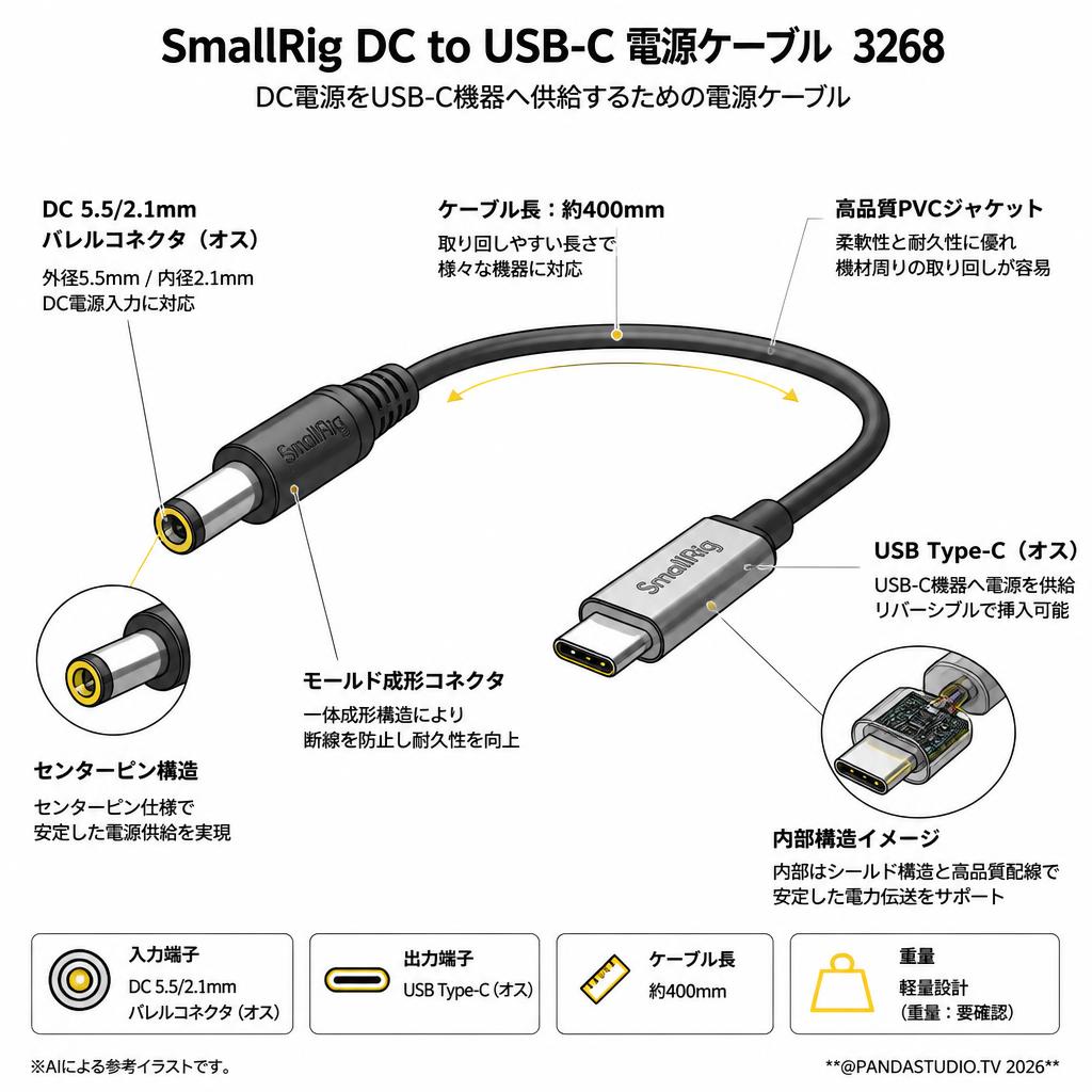 SmallRig DC to USB-C 電源ケーブル　3268 スペック