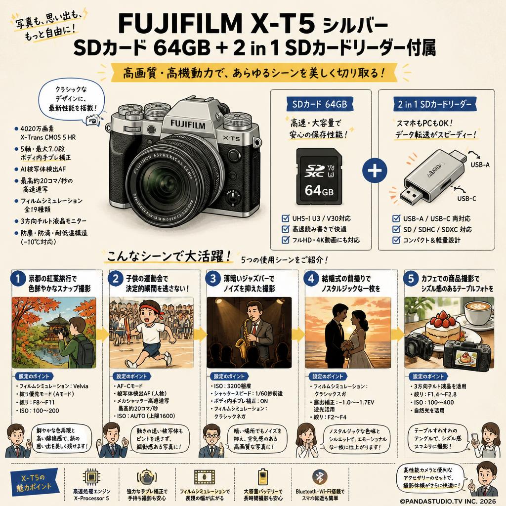 FUJIFILM X-T5 シルバー SDカード 64GB ＋ 2 in 1 SDカードリーダー付属 用途