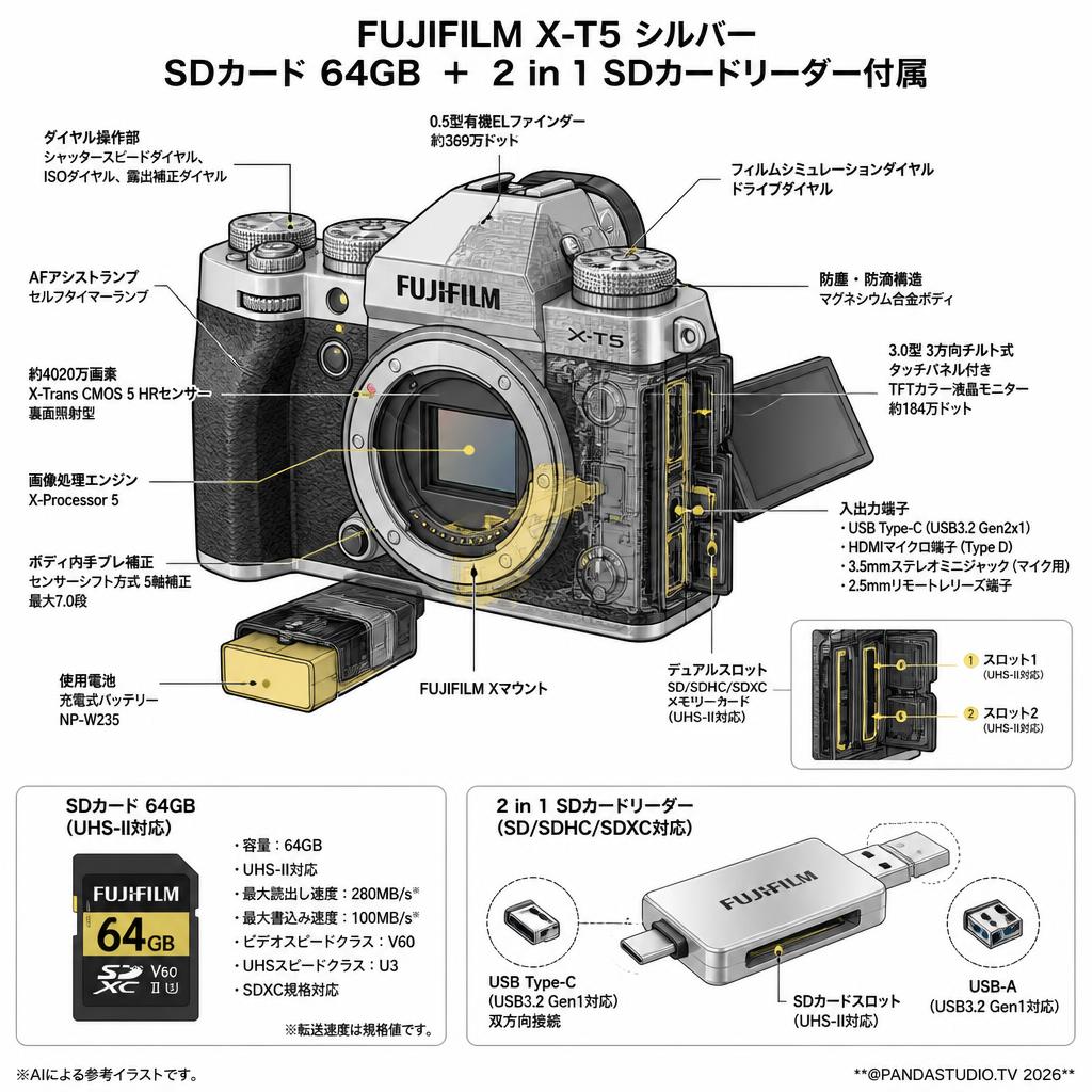 FUJIFILM X-T5 シルバー SDカード 64GB ＋ 2 in 1 SDカードリーダー付属 スペック