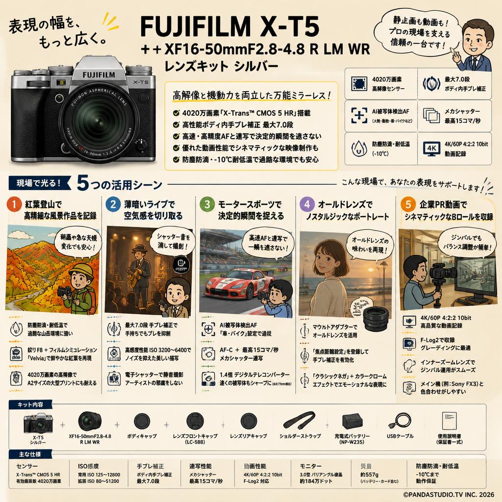 FUJIFILM X-T5 + XF16-50mmF2.8-4.8 R LM WRレンズキット シルバー 用途