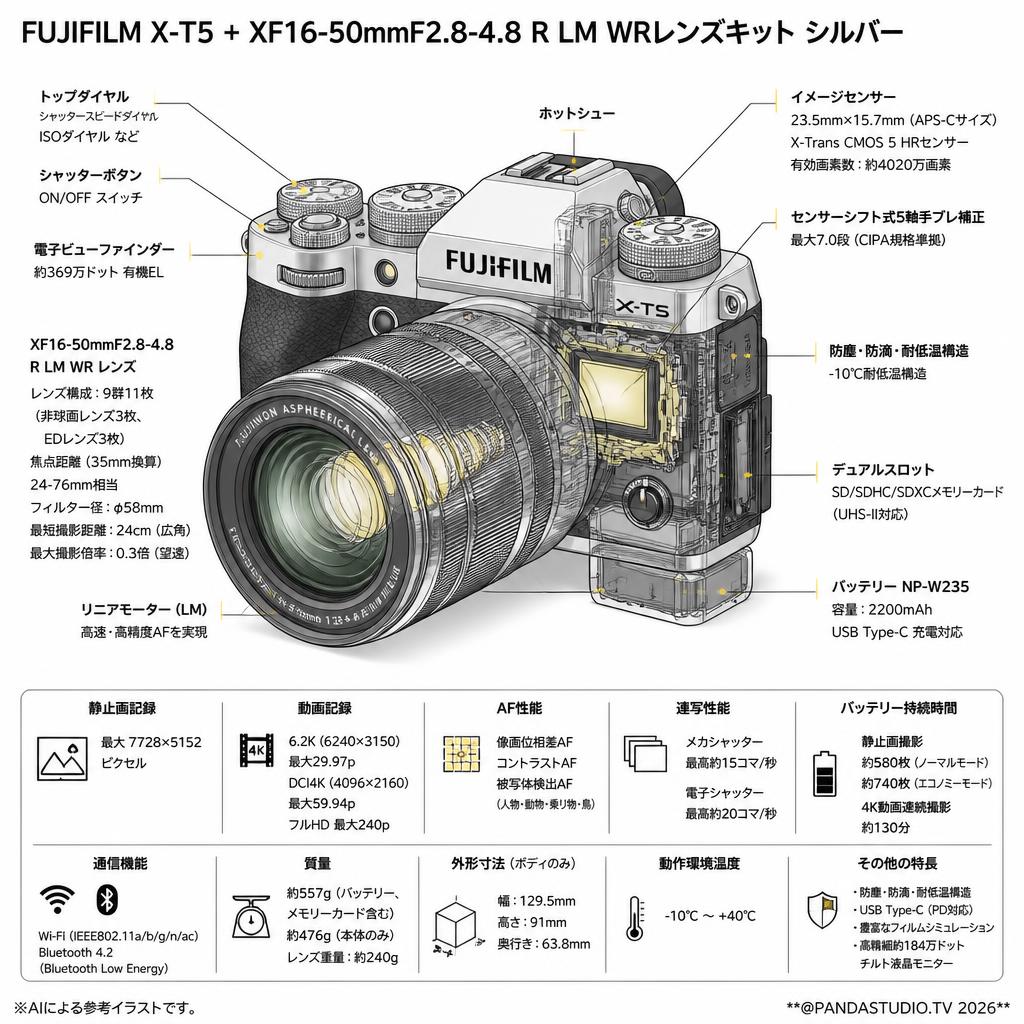 FUJIFILM X-T5 + XF16-50mmF2.8-4.8 R LM WRレンズキット シルバー スペック