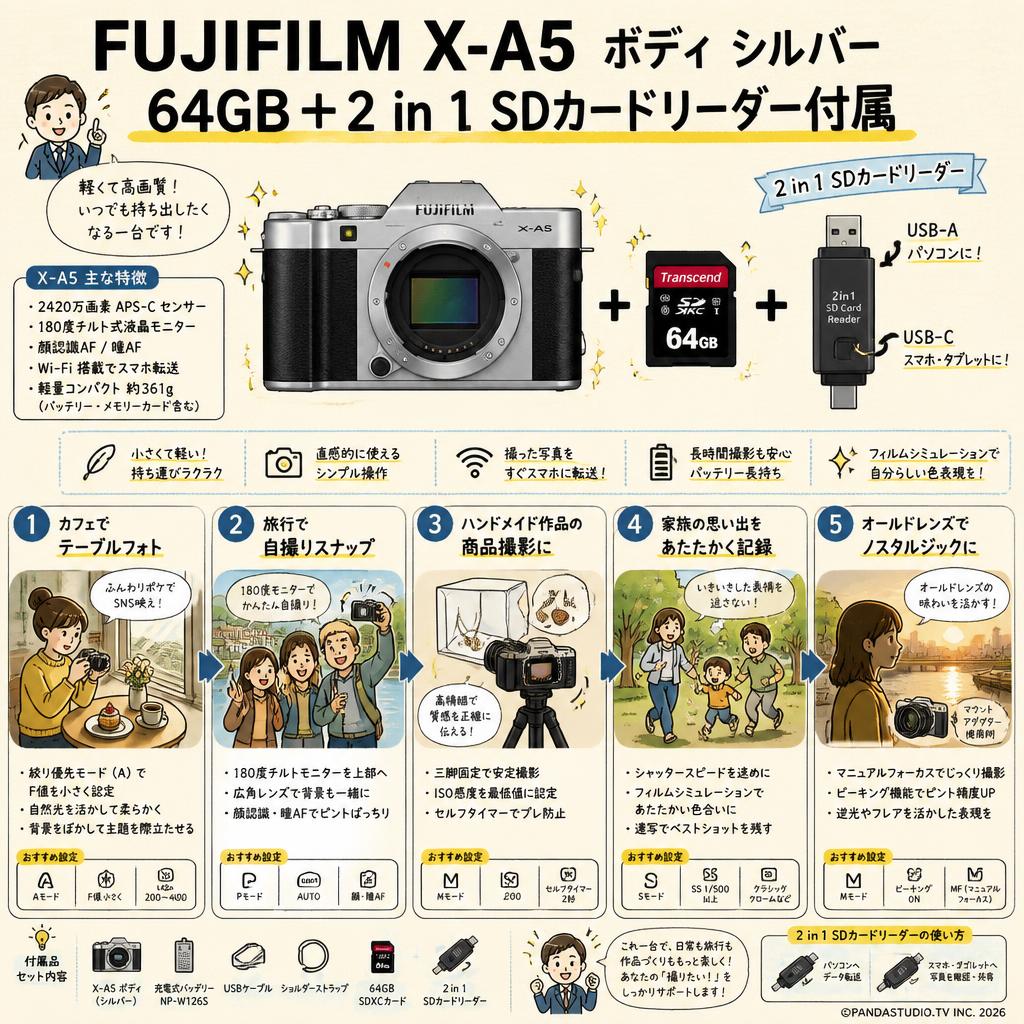 FUJIFILM X-A5 ボディ シルバー 64GB ＋ 2 in 1 SDカードリーダー付属 用途