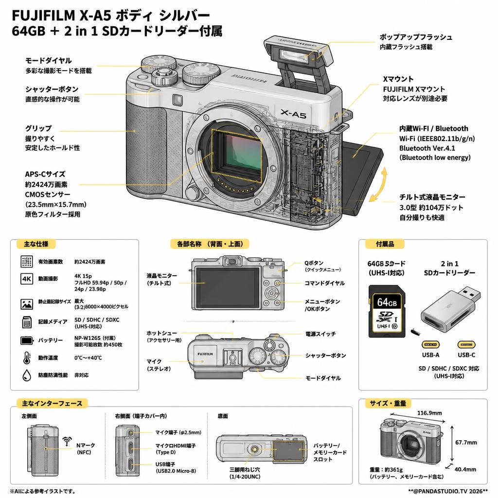 FUJIFILM X-A5 ボディ シルバー 64GB ＋ 2 in 1 SDカードリーダー付属 スペック