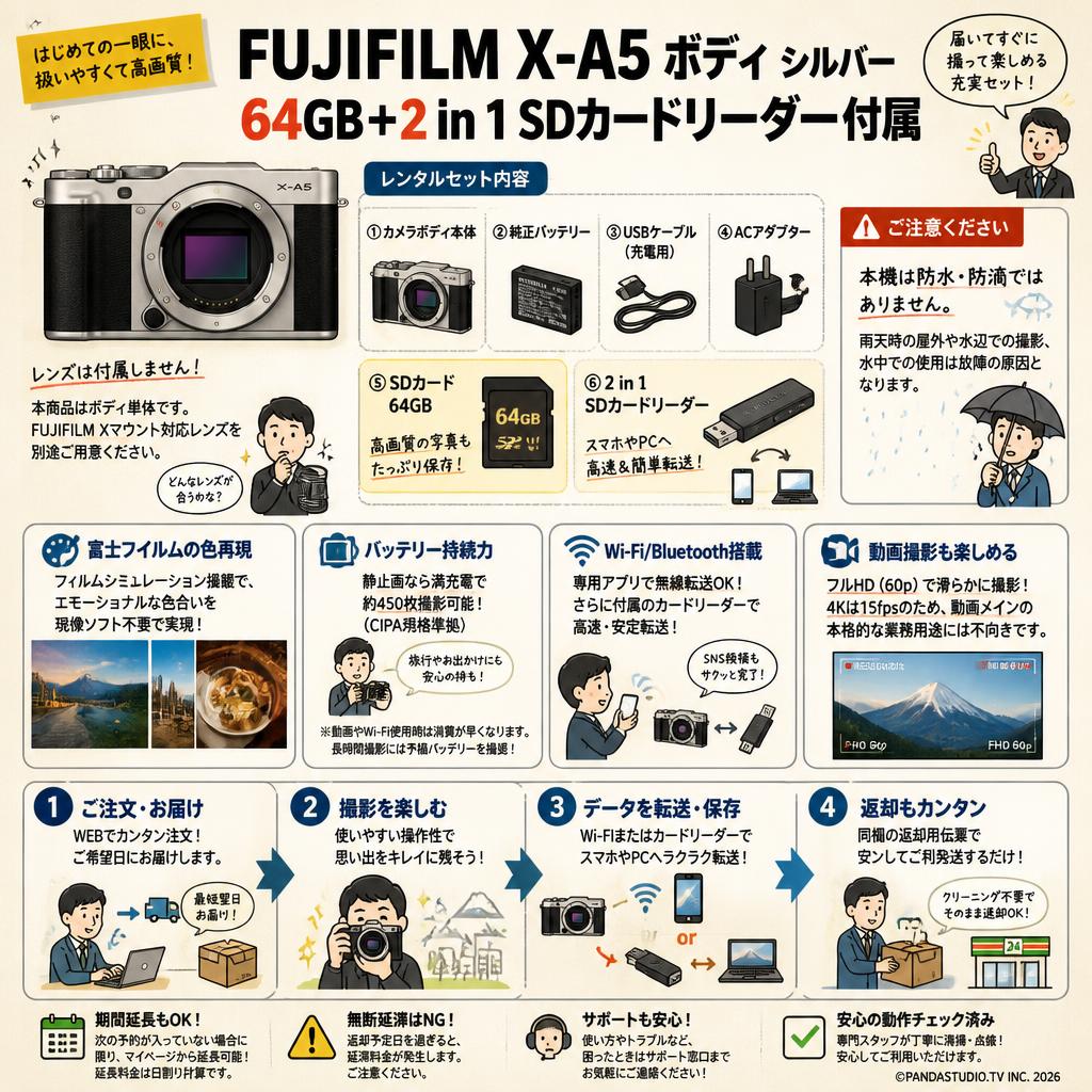 FUJIFILM X-A5 ボディ シルバー 64GB ＋ 2 in 1 SDカードリーダー付属 FAQ（よくある質問と答え）