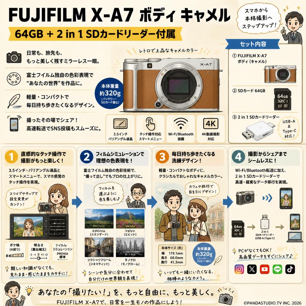 FUJIFILM X-A7 ボディ キャメル 64GB ＋ 2 in 1 SDカードリーダー付属 概要