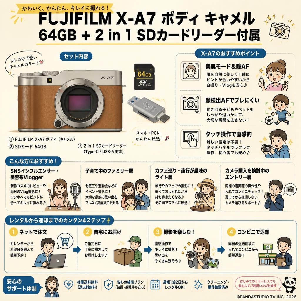 FUJIFILM X-A7 ボディ キャメル 64GB ＋ 2 in 1 SDカードリーダー付属 おもな対象のお客様