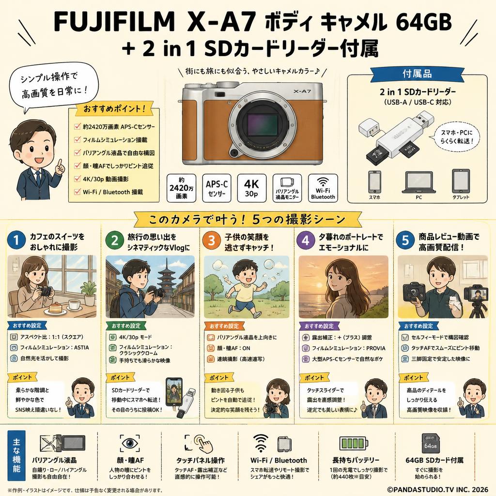 FUJIFILM X-A7 ボディ キャメル 64GB ＋ 2 in 1 SDカードリーダー付属 用途
