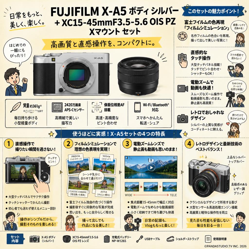 FUJIFILM X-A5 ボディ シルバー + FUJIFLIM XC15-45mmF3.5-5.6 OIS PZ Xマウント セット 概要