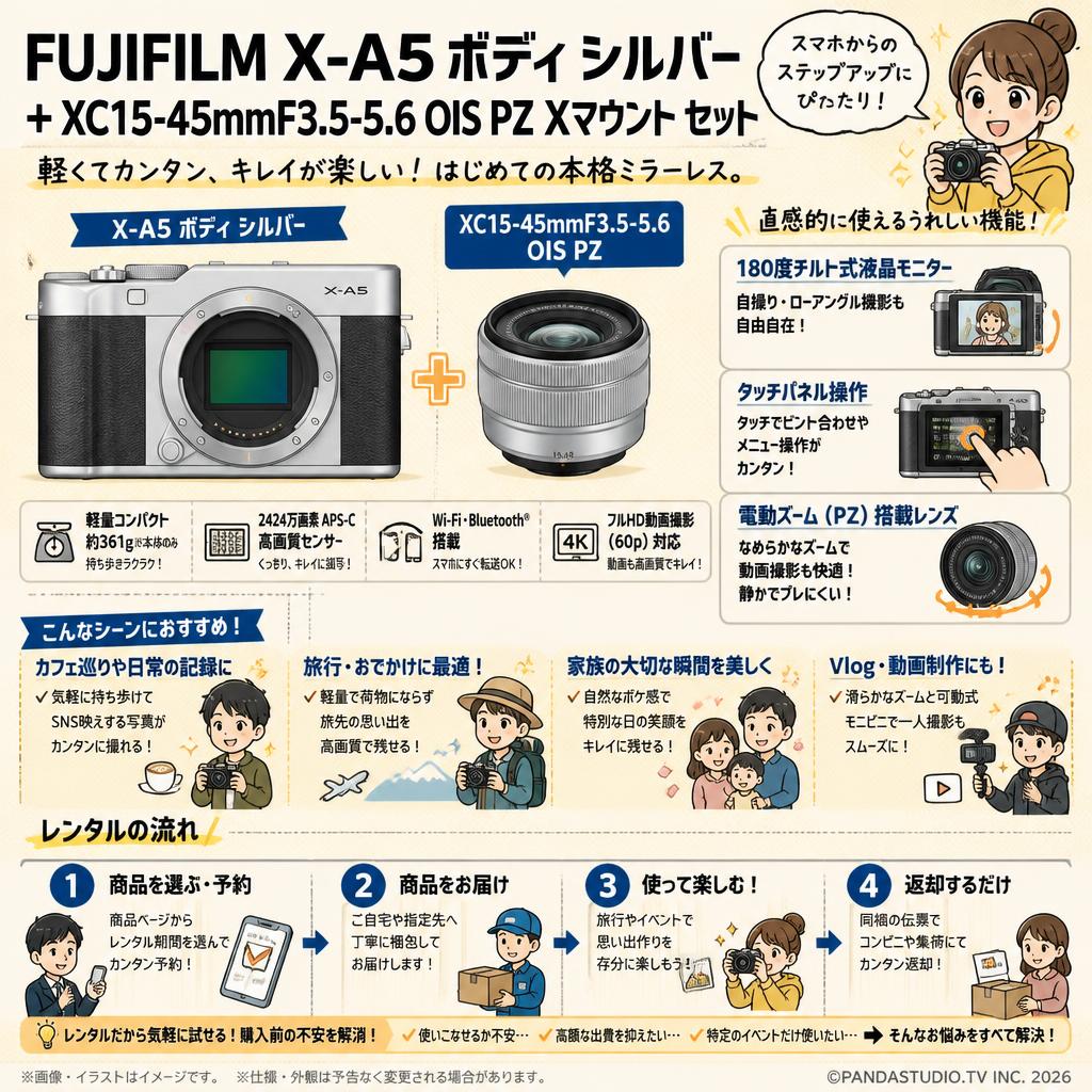 FUJIFILM X-A5 ボディ シルバー + FUJIFLIM XC15-45mmF3.5-5.6 OIS PZ Xマウント セット おもな対象のお客様