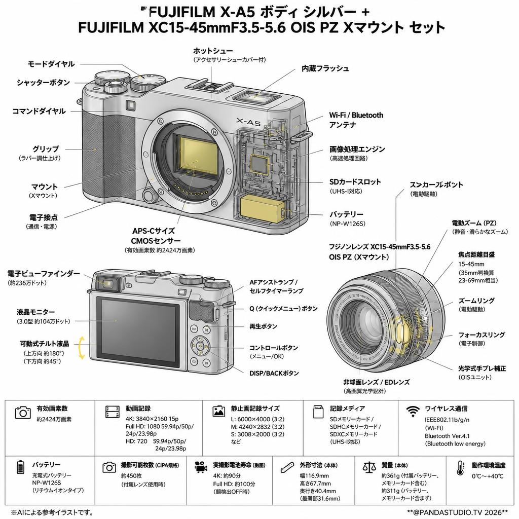 FUJIFILM X-A5 ボディ シルバー + FUJIFLIM XC15-45mmF3.5-5.6 OIS PZ Xマウント セット スペック