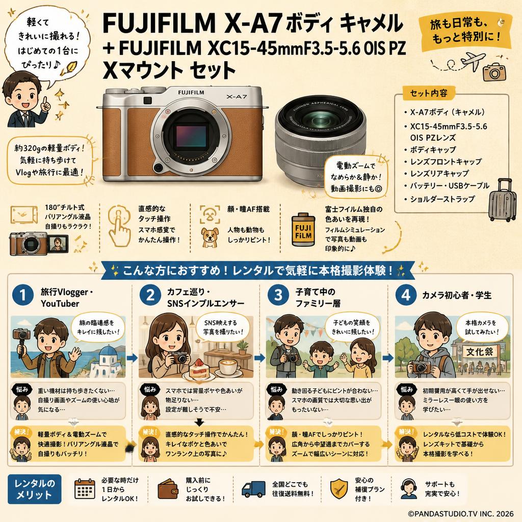FUJIFILM X-A7 ボディ キャメル + FUJIFLIM XC15-45mmF3.5-5.6 OIS PZ Xマウント セット おもな対象のお客様