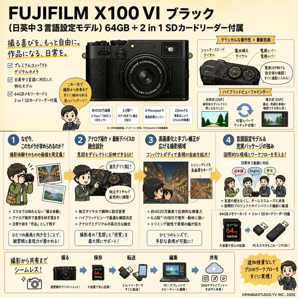 FUJIFILM X100 VI ブラック（日英中３言語設定モデル）64GB ＋ 2 in 1 SDカードリーダー付属 概要
