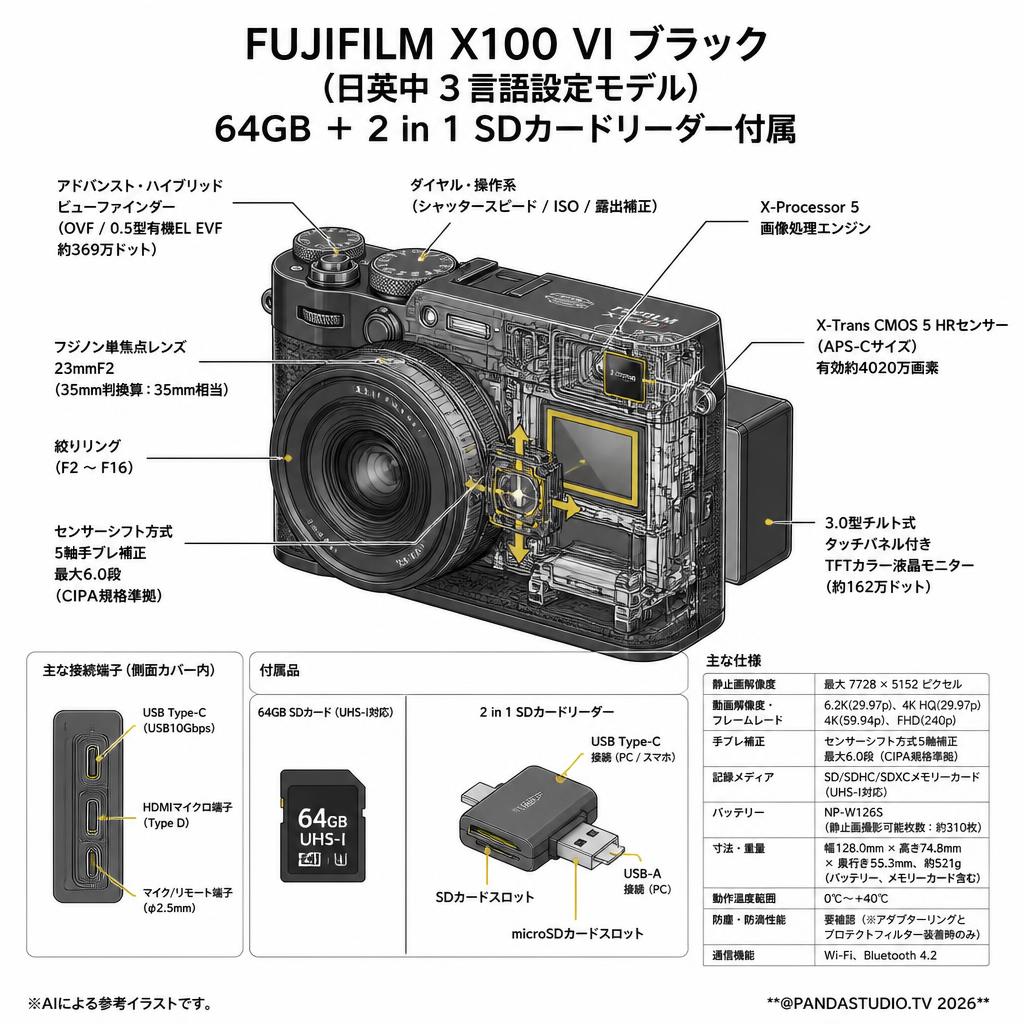 FUJIFILM X100 VI ブラック（日英中３言語設定モデル）64GB ＋ 2 in 1 SDカードリーダー付属 スペック