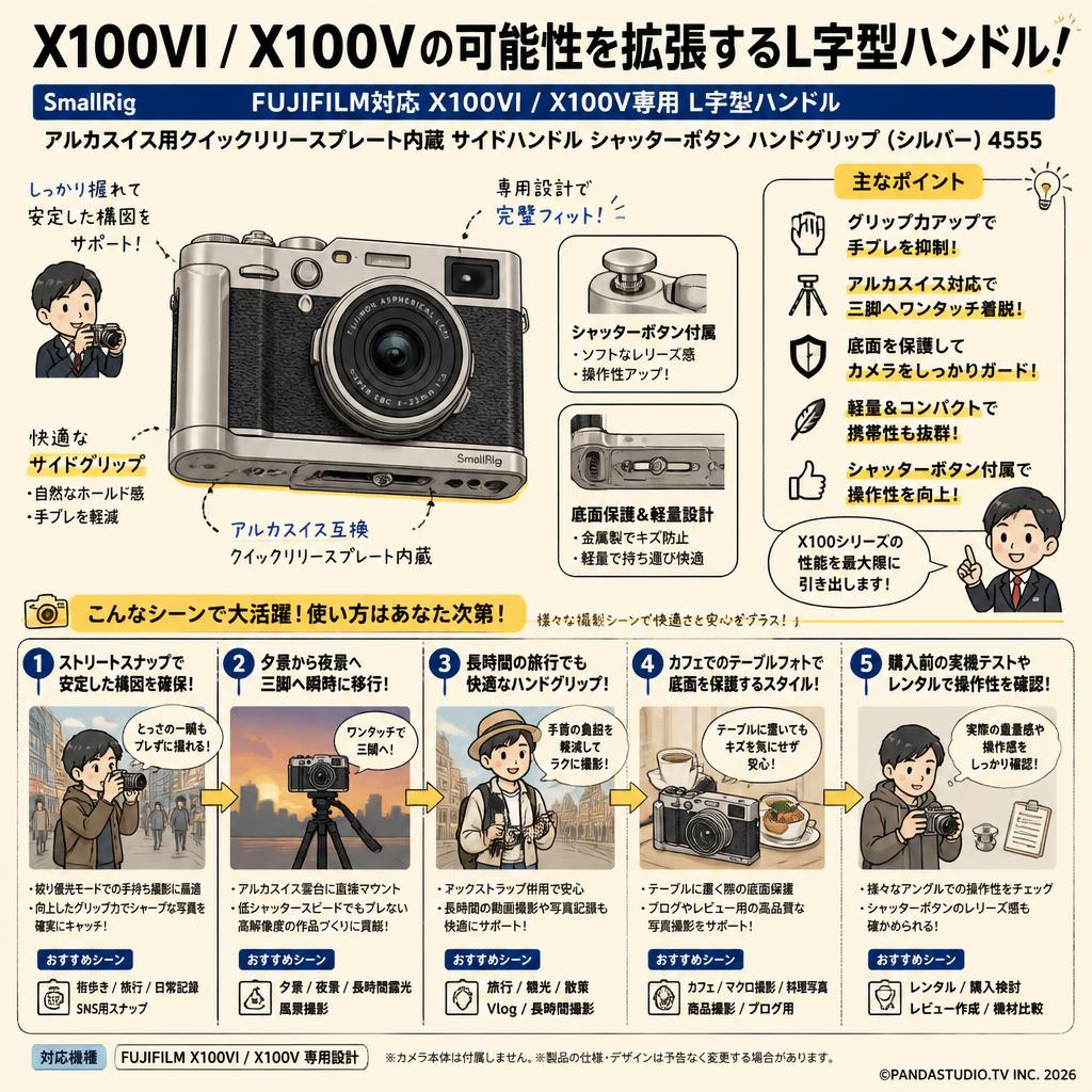 SmallRig FUJIFILM対応 X100VI / X100V専用 L字型ハンドル アルカスイス用クイックリリースプレート内蔵 サイドハンドル シャッターボタン ハンドグリップ (シルバー)4555 用途