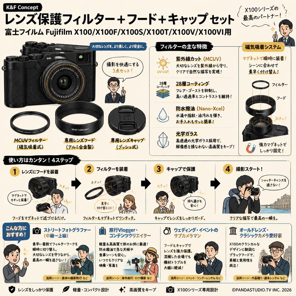 K&F Concept レンズ保護フィルター+フード+キャップ 富士フイルム Fujifilm X100/X100F/X100S/X100T/X100V/X100VI用 MCUVフィルター 磁気吸着 28層コーティング 紫外線カット 光学ガラス 防水撥油（Nano-Xcel） ブラック おもな対象のお客様