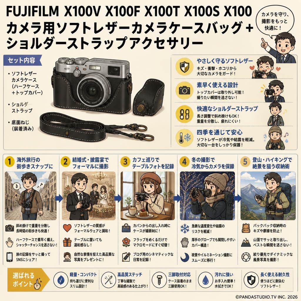 FUJIFILM  X100V X100F X100T X100S X100 カメラ用ソフトレザーカメラケースバッグ + ショルダーストラップアクセサリー 用途