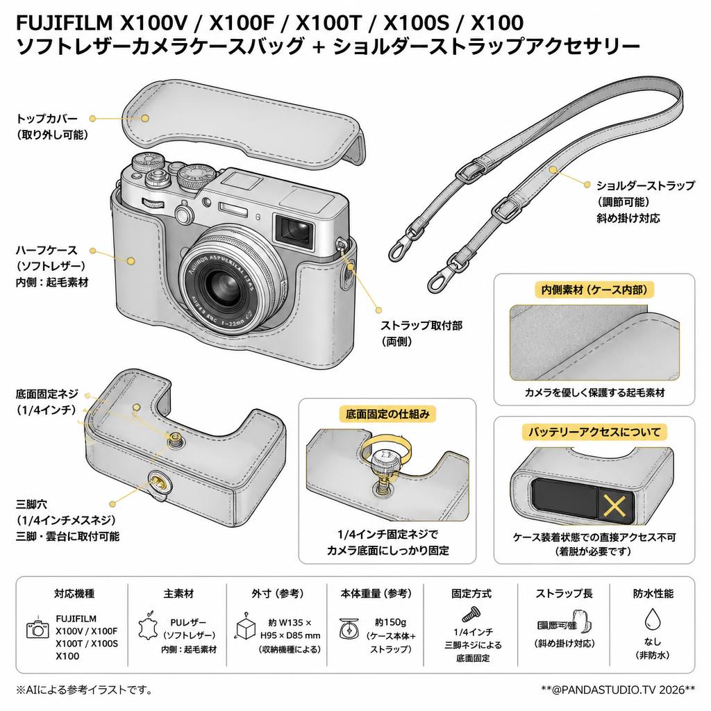 FUJIFILM  X100V X100F X100T X100S X100 カメラ用ソフトレザーカメラケースバッグ + ショルダーストラップアクセサリー スペック