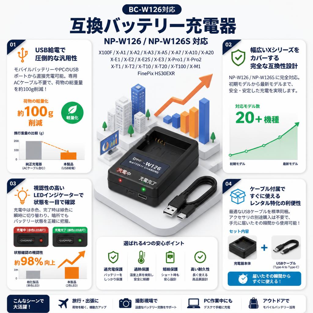 FUJIFILM BC-W126 NP-W126 NP-W126S の互換バッテリー充電器 X100f X-A1 X-A2 X-A3 X-A5 X-A7 X-A10 X-A20 X-E1 X-E2 X-E2S X-E3 X-Pro1 X-Pro2 X-T1 X-T2 X-T10 X-T20 X-T100 X-M1 FinePix HS30EXR セールスポイント