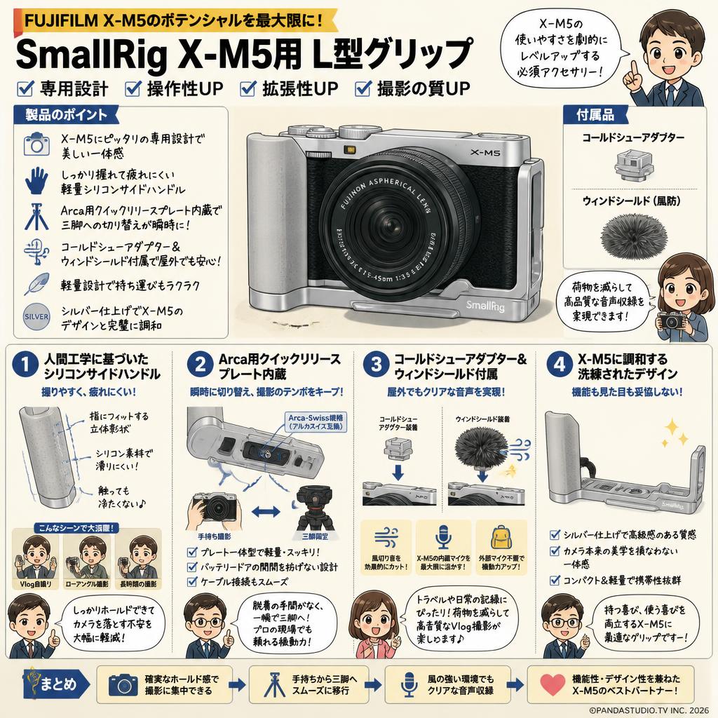 SmallRig X-M5用 L型グリップ FUJIFILM X-M5用 カメラハンドグリップ Arca用クイックリリースプレート内蔵 軽量シリコンサイドハンドル コールドシューアダプター付きウインドシールド付属 (シルバー) 4875 概要