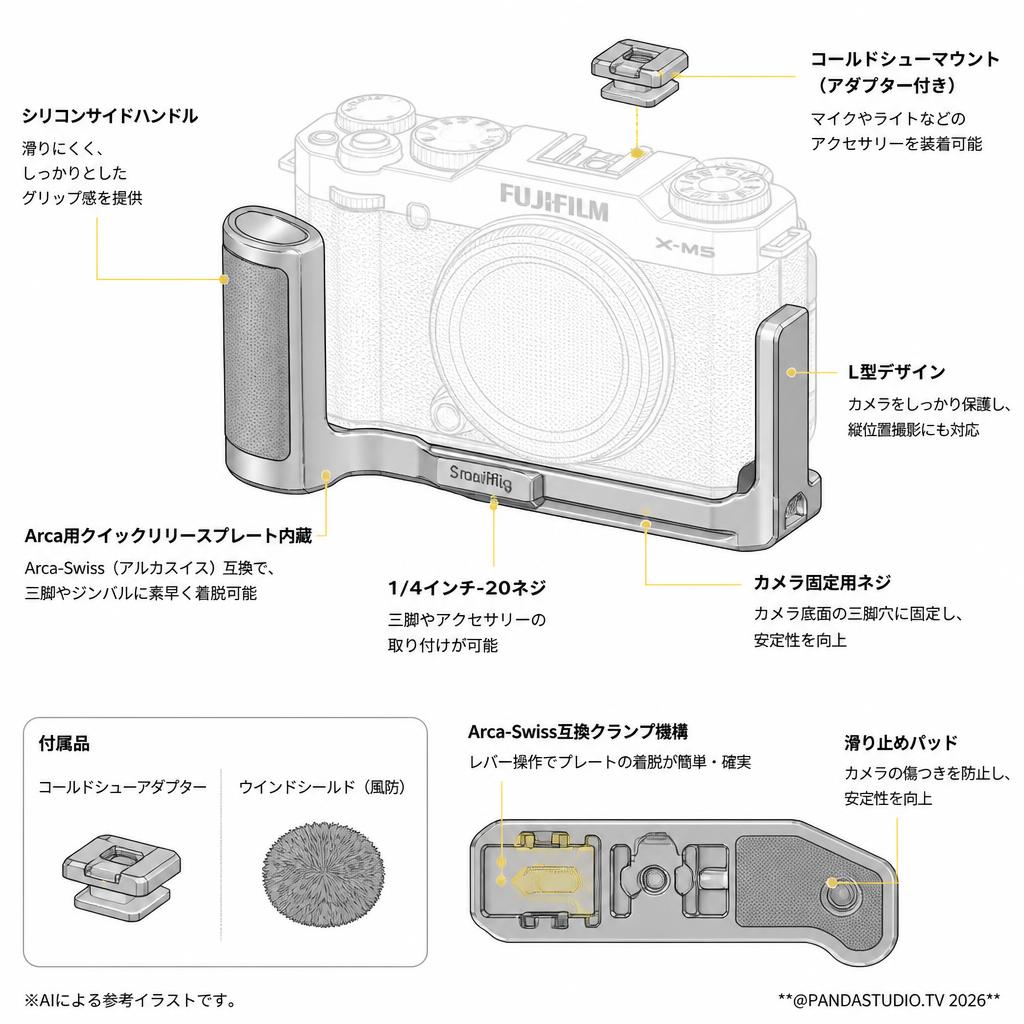 SmallRig X-M5用 L型グリップ FUJIFILM X-M5用 カメラハンドグリップ Arca用クイックリリースプレート内蔵 軽量シリコンサイドハンドル コールドシューアダプター付きウインドシールド付属 (シルバー) 4875 スペック
