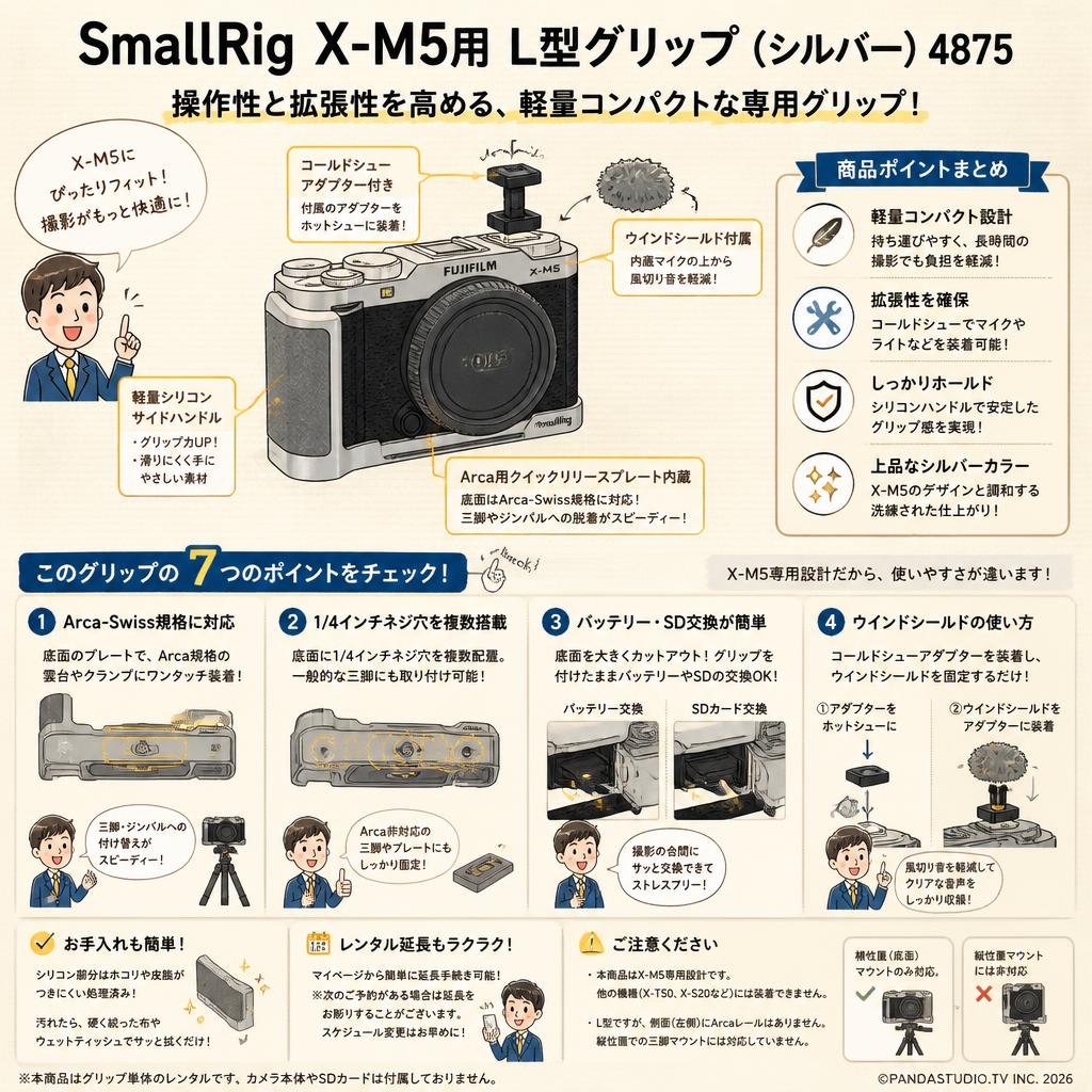 SmallRig X-M5用 L型グリップ FUJIFILM X-M5用 カメラハンドグリップ Arca用クイックリリースプレート内蔵 軽量シリコンサイドハンドル コールドシューアダプター付きウインドシールド付属 (シルバー) 4875 FAQ（よくある質問と答え）