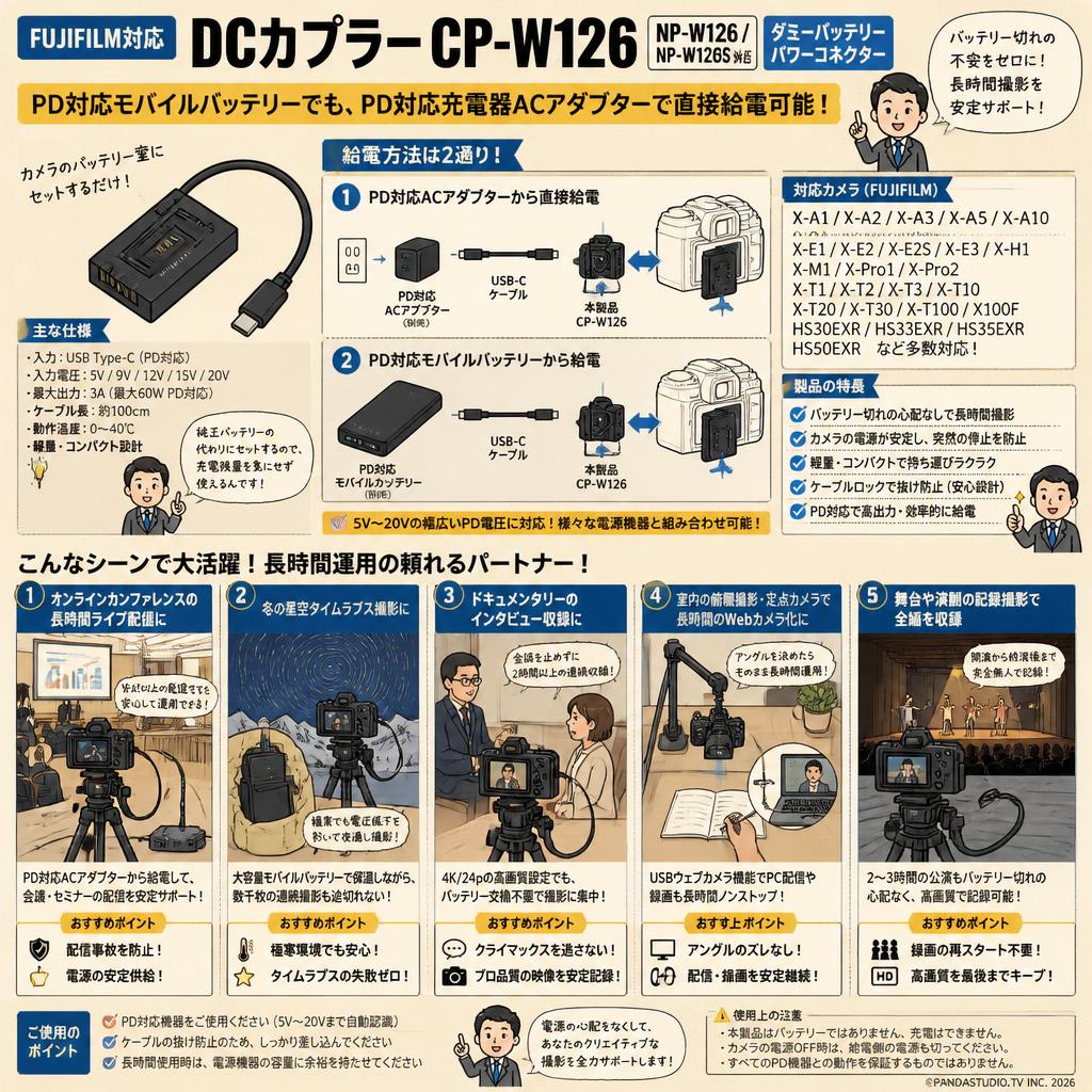 FUJIFILM DCカプラー CP-W126 NP-W126 NP-W126S [PD対応モバイルバッテリーでも、PD対応充電器ACアダプターで直接給電可能] X-A1 X-A2 X-A3 X-A5 X-A10 X-E1 X-E2 X-E2S X-E3 X-H1 X-M1 X-Pro1 X-Pro2 X-T1 X-T2 X-T3 X-T10 X-T20 X-T30 X-T100 X100F HS30EXR HS33EXR HS35EXR HS50EXR 等カメラ対応 ダミーバッテリー パワーコネクター 用途