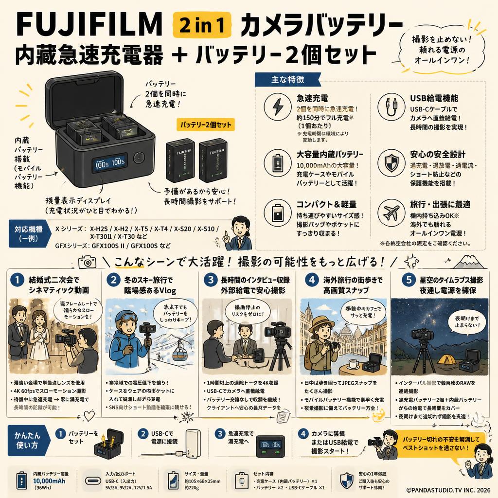 FUJIFILM 2 in 1 カメラバッテリー 内蔵急速充電器 ＋ バッテリー2個セット 用途