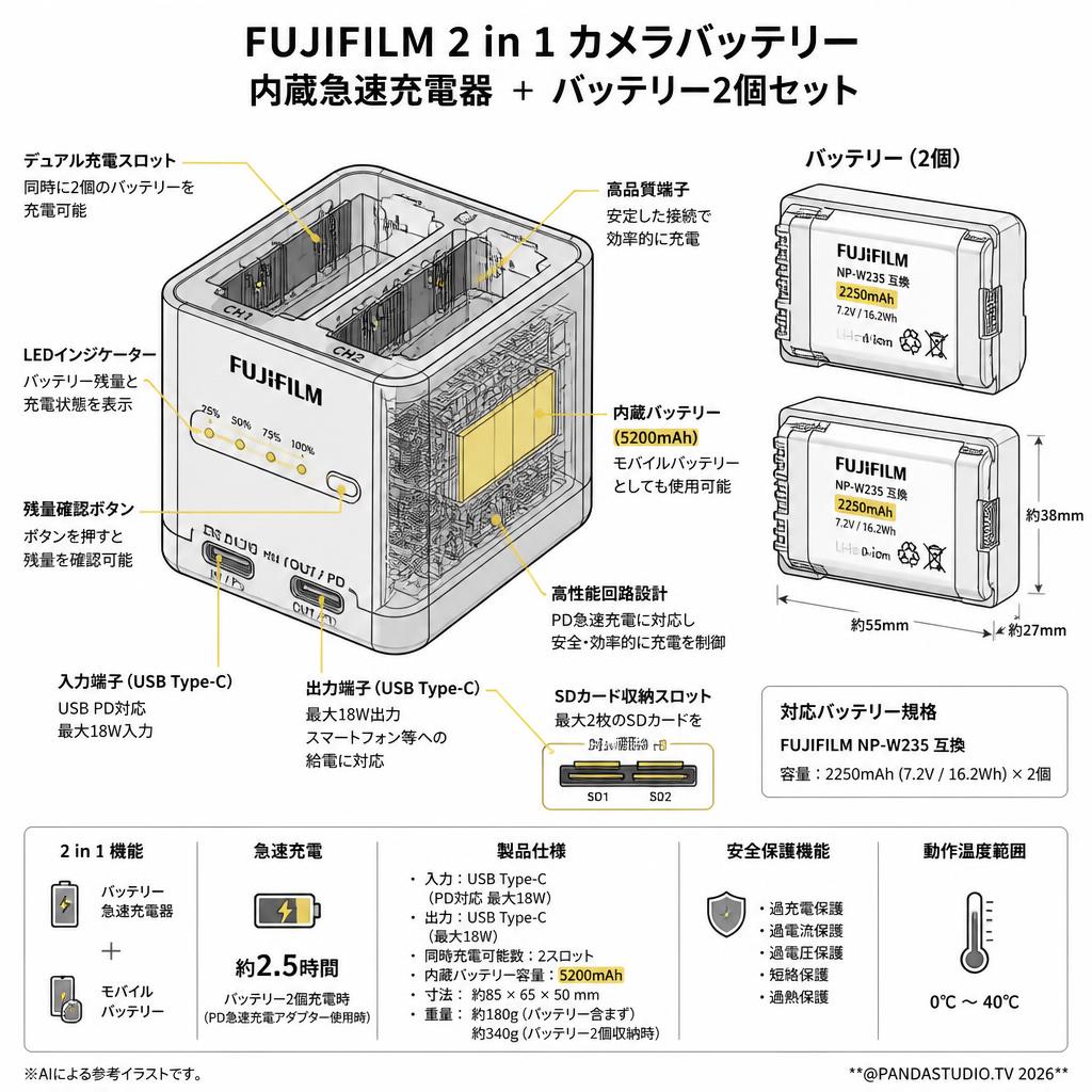 FUJIFILM 2 in 1 カメラバッテリー 内蔵急速充電器 ＋ バッテリー2個セット スペック