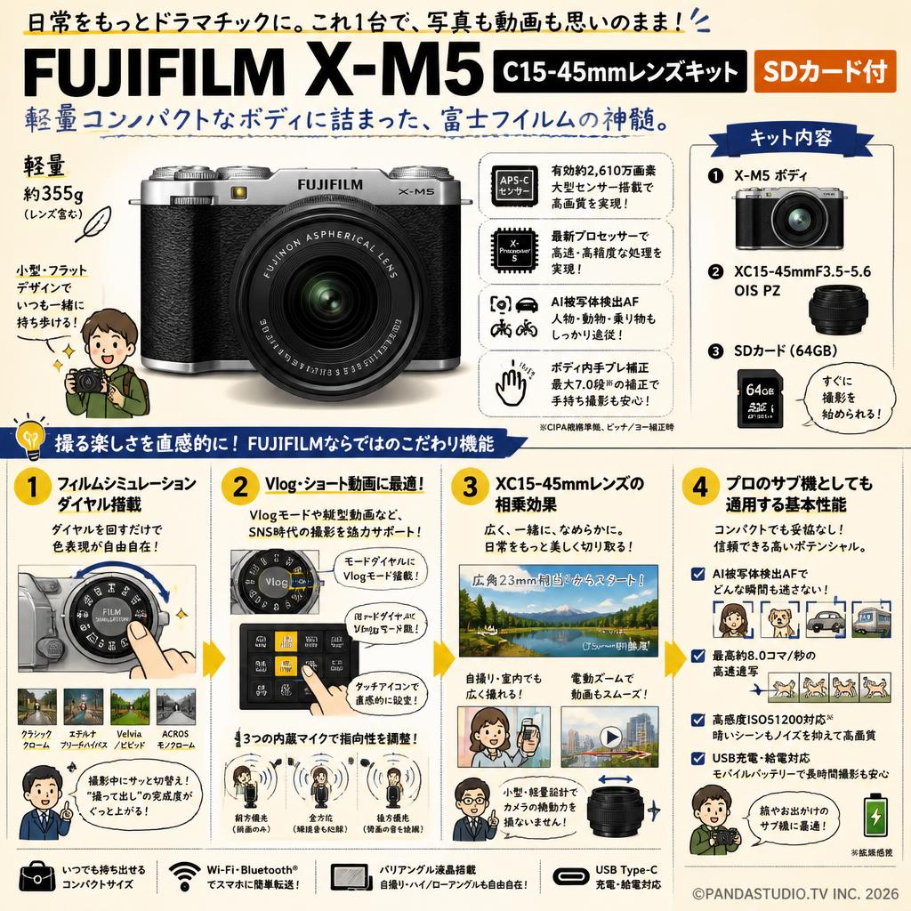 FUJIFILM X-M5 C15-45mmレンズキット SDカード付 概要