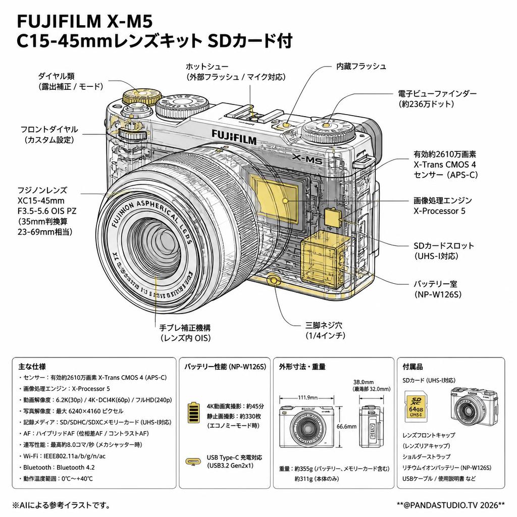 FUJIFILM X-M5 C15-45mmレンズキット SDカード付 スペック