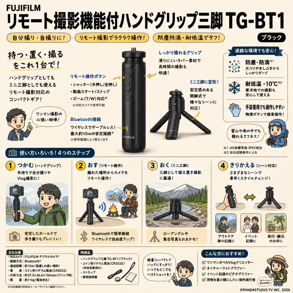 FUJIFILM リモート撮影機能付ハンドグリップ 三脚 自分撮り 自撮り 防塵防滴耐低温 TG-BT1 ブラック おもな対象のお客様