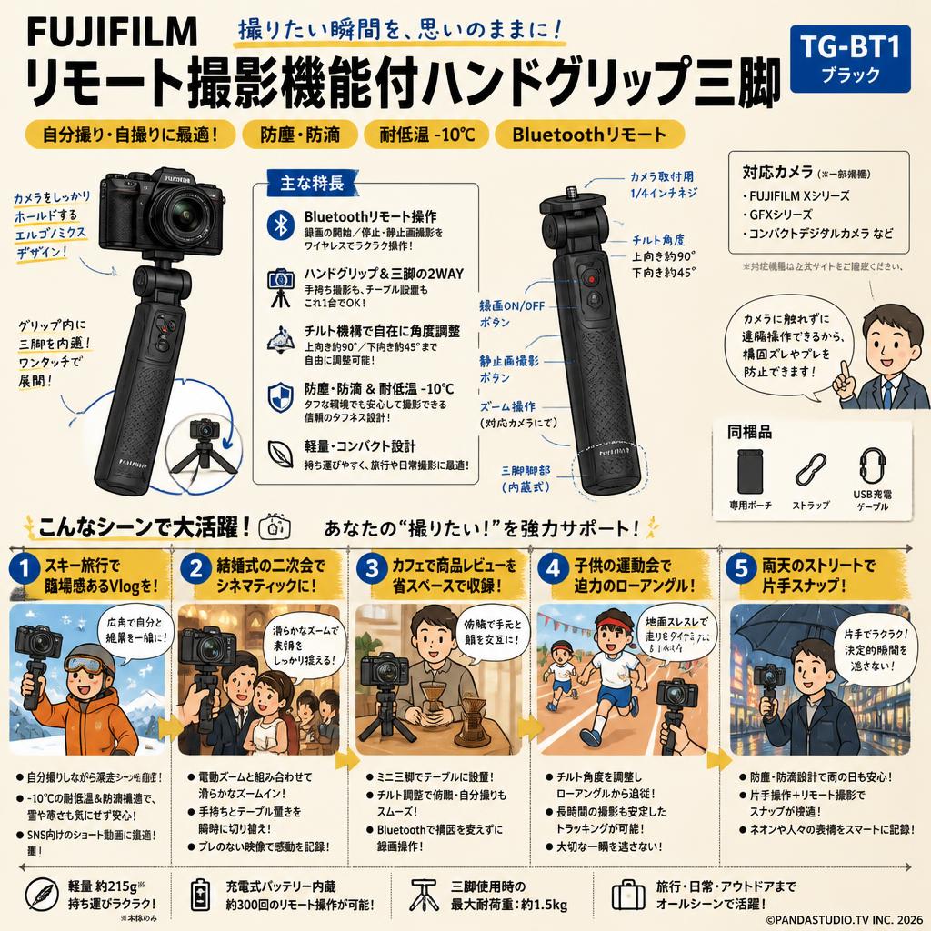 FUJIFILM リモート撮影機能付ハンドグリップ 三脚 自分撮り 自撮り 防塵防滴耐低温 TG-BT1 ブラック 用途