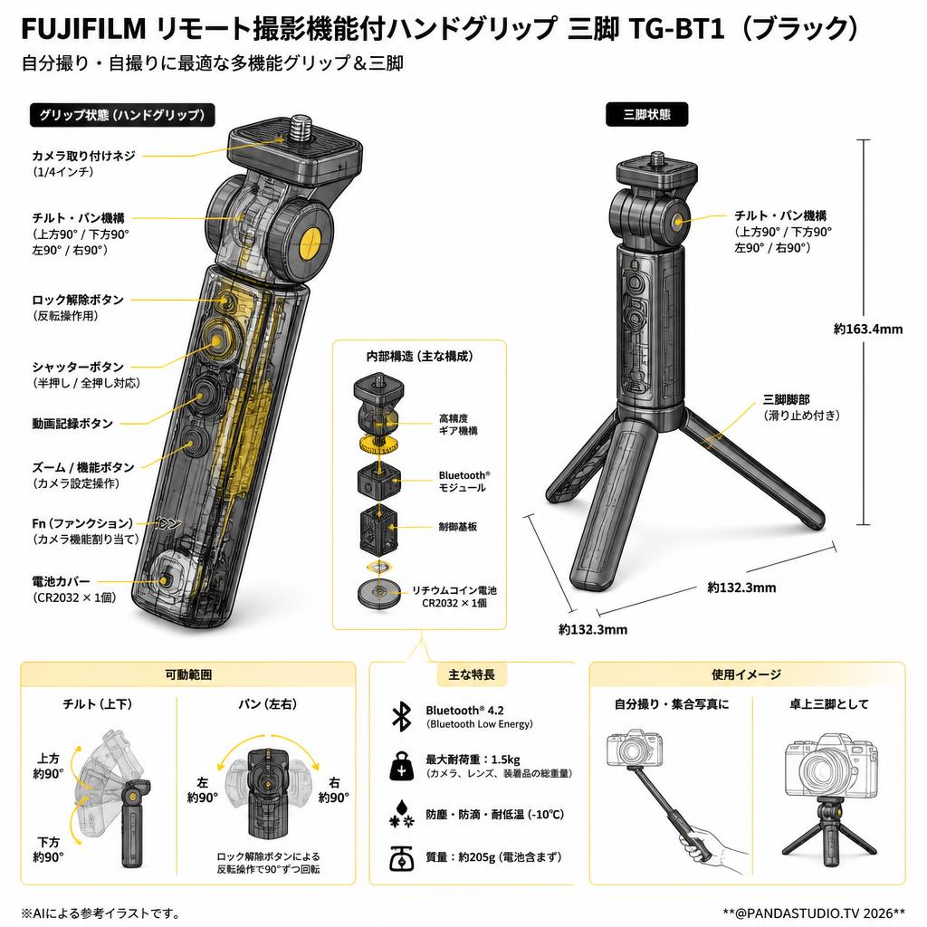 FUJIFILM リモート撮影機能付ハンドグリップ 三脚 自分撮り 自撮り 防塵防滴耐低温 TG-BT1 ブラック スペック