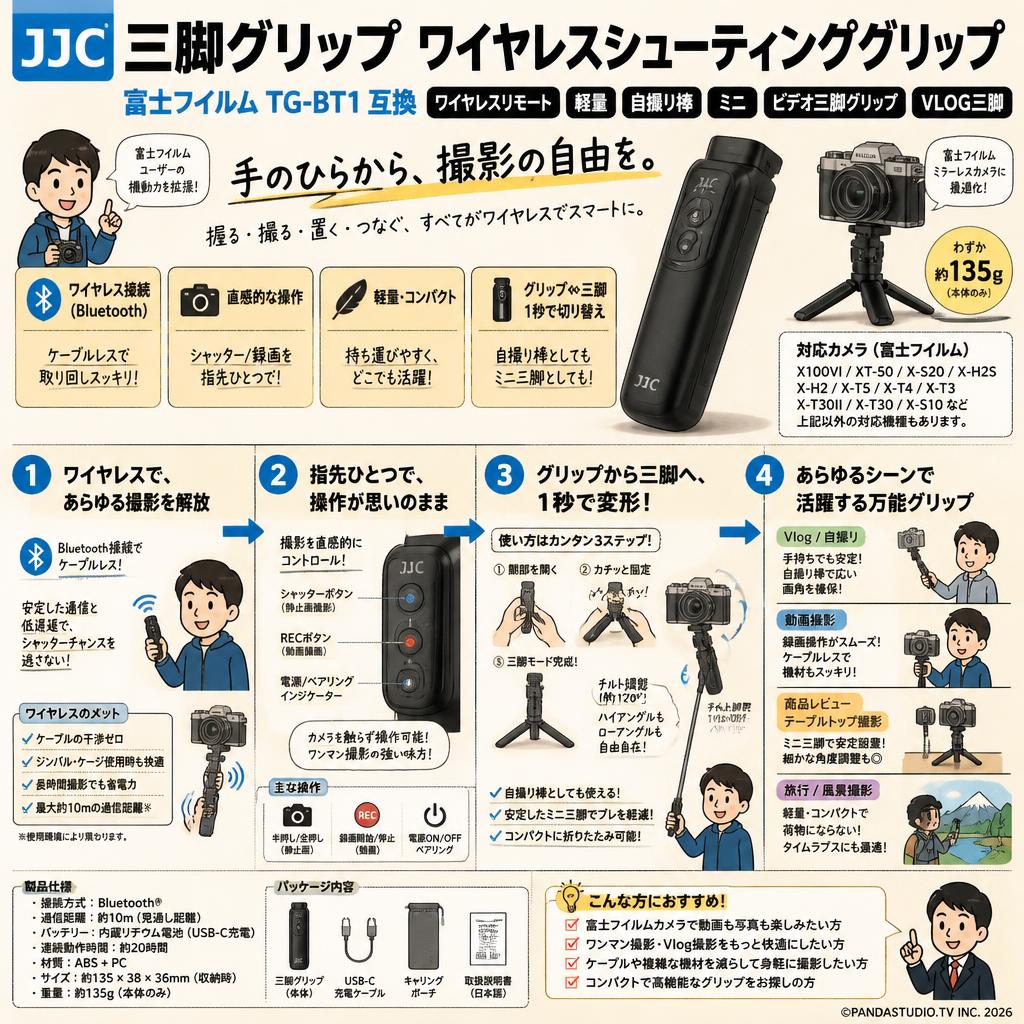 JJC 三脚グリップ ワイヤレスシューティンググリップ 富士フイルム TG-BT1 互換 ワイヤレスリモート 軽量 自撮り棒 ミニ ビデオ三脚グリップ VLOG三脚 FUJIFILM X100VI XT-50 X-S20 X-H2S X-H2 X-T5 X-T4 X-T3 X-T30II X-T30 X-S10 など カメラ対応 概要