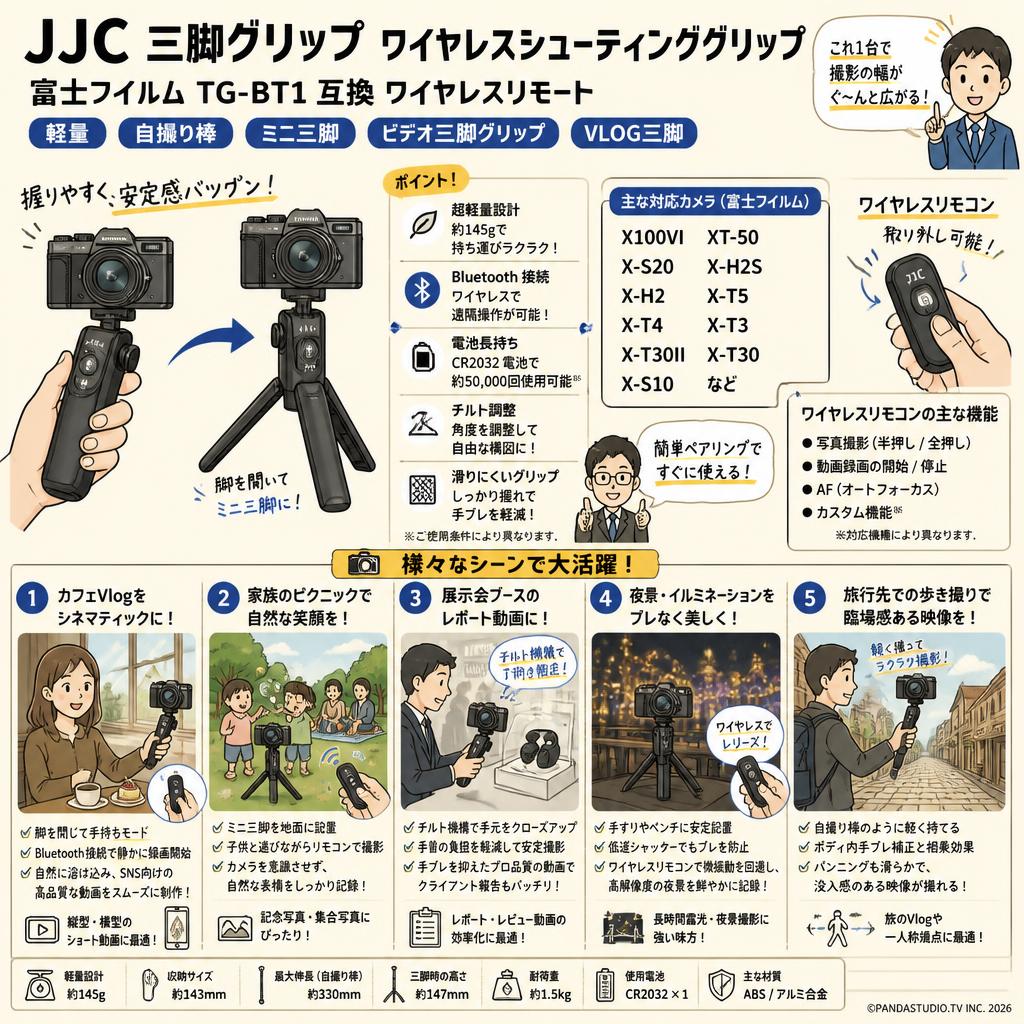 JJC 三脚グリップ ワイヤレスシューティンググリップ 富士フイルム TG-BT1 互換 ワイヤレスリモート 軽量 自撮り棒 ミニ ビデオ三脚グリップ VLOG三脚 FUJIFILM X100VI XT-50 X-S20 X-H2S X-H2 X-T5 X-T4 X-T3 X-T30II X-T30 X-S10 など カメラ対応 用途