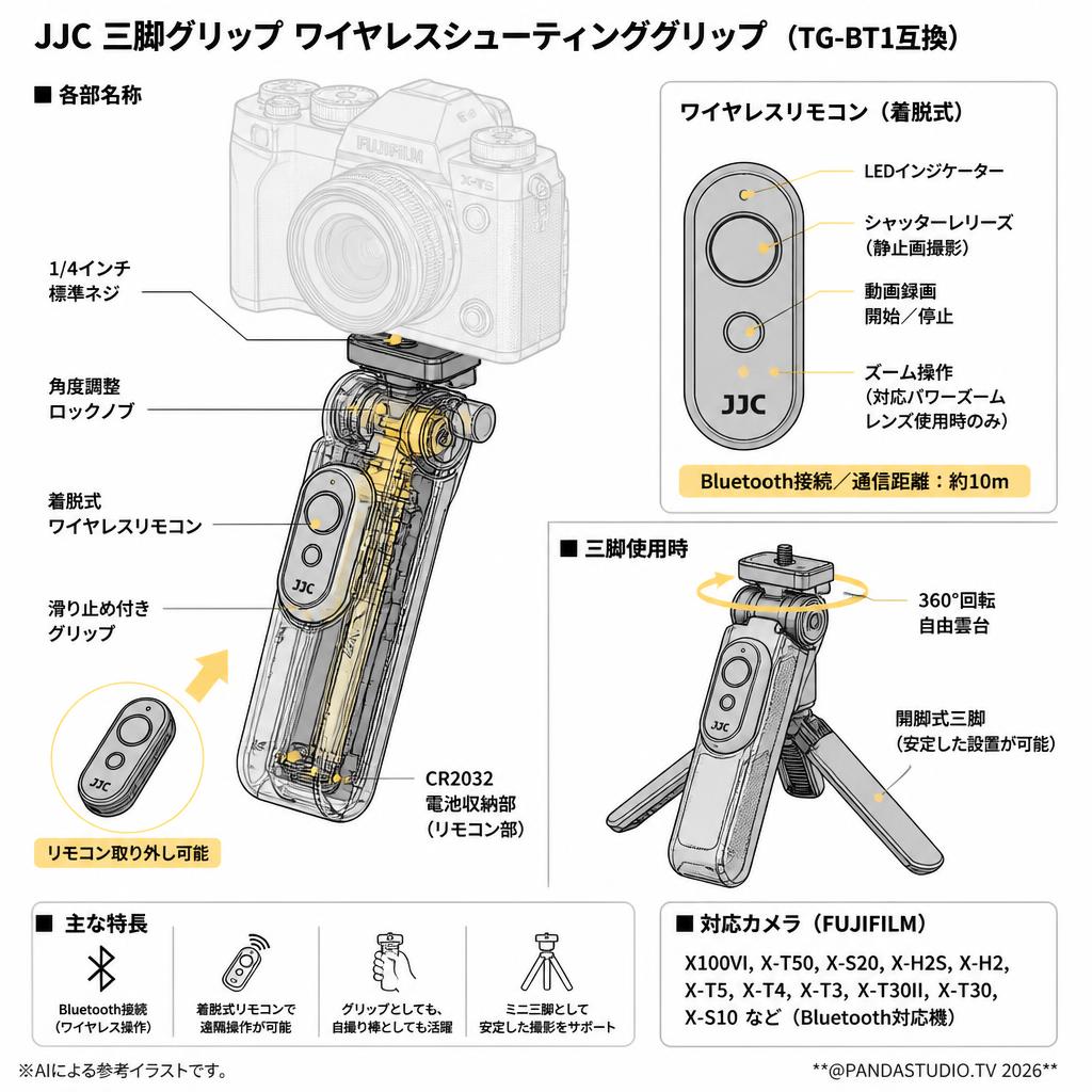 JJC 三脚グリップ ワイヤレスシューティンググリップ 富士フイルム TG-BT1 互換 ワイヤレスリモート 軽量 自撮り棒 ミニ ビデオ三脚グリップ VLOG三脚 FUJIFILM X100VI XT-50 X-S20 X-H2S X-H2 X-T5 X-T4 X-T3 X-T30II X-T30 X-S10 など カメラ対応 スペック