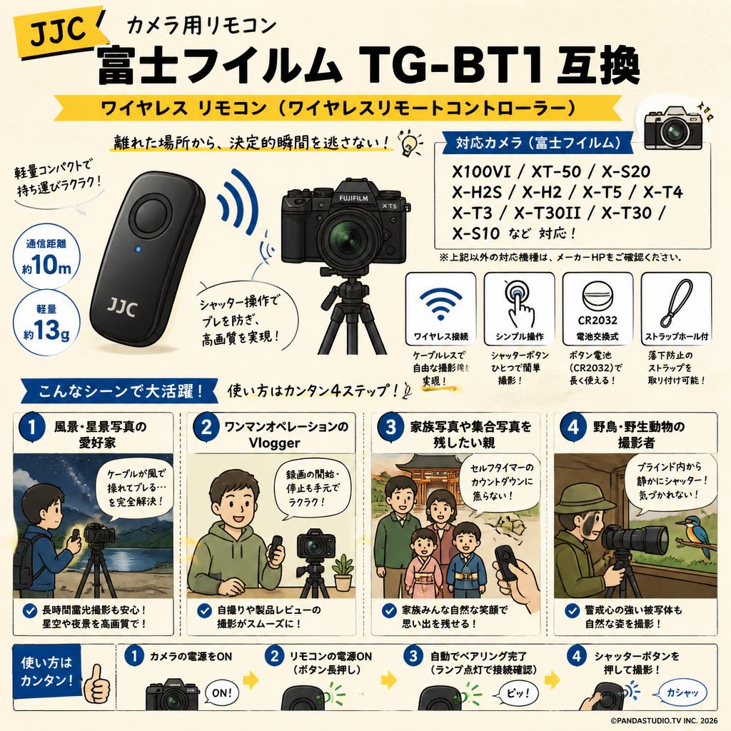 JJC カメラ用リモコン 富士フイルム TG-BT1 互換 ワイヤレス リモコン ワイヤレスリモートコントローラー FUJIFILM X100VI XT-50 X-S20 X-H2S X-H2 X-T5 X-T4 X-T3 X-T30II X-T30 X-S10 など 対応 カメラシャッターリモコン シャッターレリーズ おもな対象のお客様