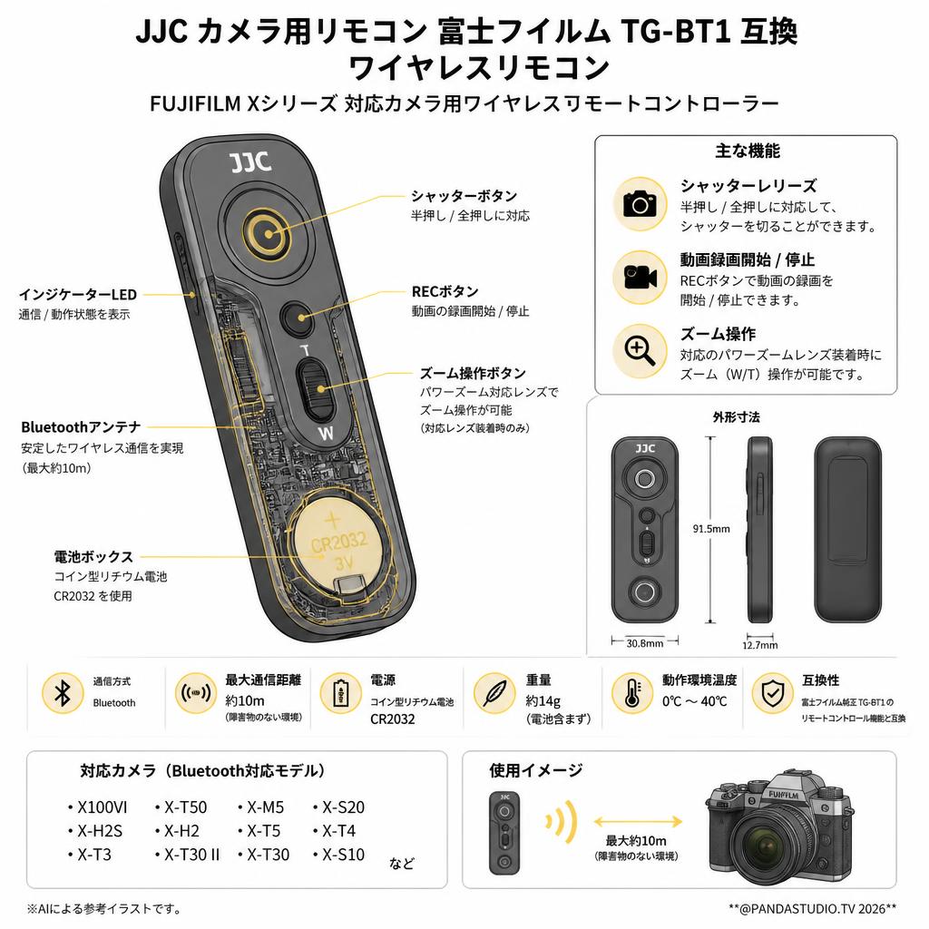 JJC カメラ用リモコン 富士フイルム TG-BT1 互換 ワイヤレス リモコン ワイヤレスリモートコントローラー FUJIFILM X100VI XT-50 X-S20 X-H2S X-H2 X-T5 X-T4 X-T3 X-T30II X-T30 X-S10 など 対応 カメラシャッターリモコン シャッターレリーズ スペック