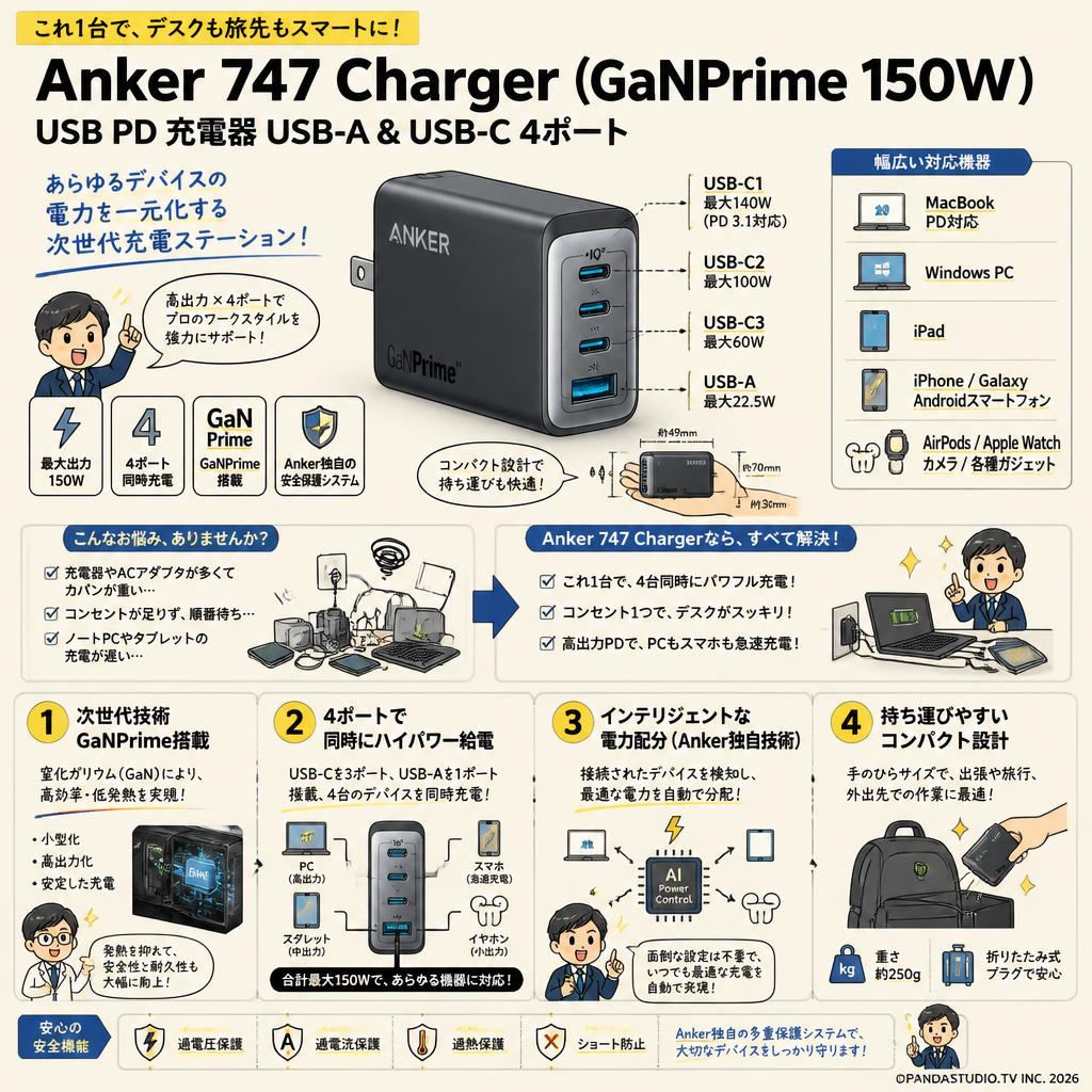 Anker 747 Charger (GaNPrime 150W) (USB PD 充電器 USB-A & USB-C 4ポート) MacBook PD対応Windows PC iPad iPhone Galaxy Android スマートフォン ノートPC 概要