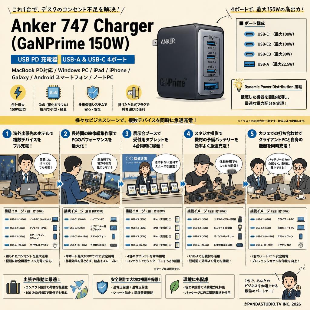 Anker 747 Charger (GaNPrime 150W) (USB PD 充電器 USB-A & USB-C 4ポート) MacBook PD対応Windows PC iPad iPhone Galaxy Android スマートフォン ノートPC 用途