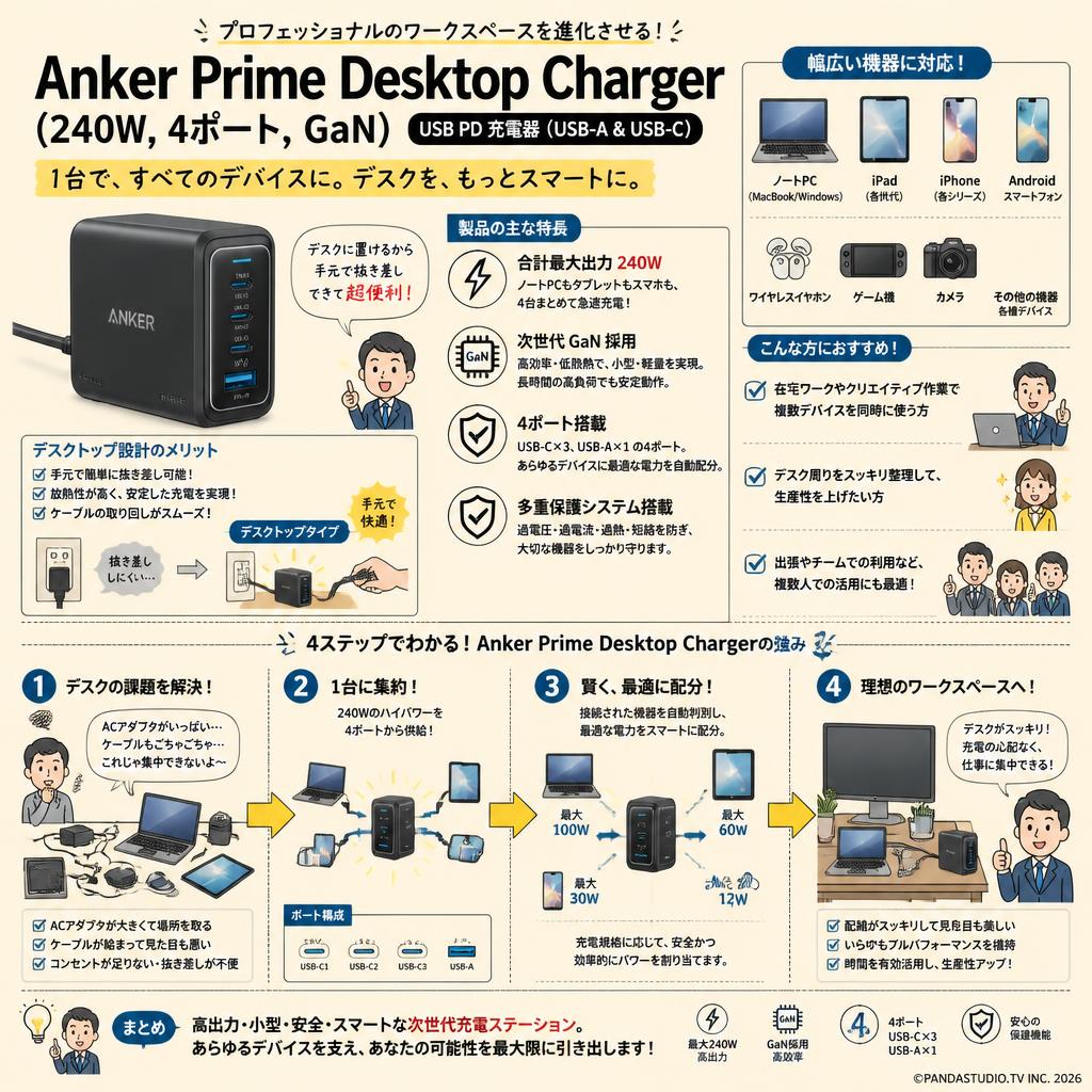 Anker Prime Desktop Charger (240W, 4 ports, GaN)(USB PD 充電器 USB-A & USB-C) iPad iPhone MacBook Android スマートフォン ノートPC 各種 その他機器対応 (ブラック) 概要