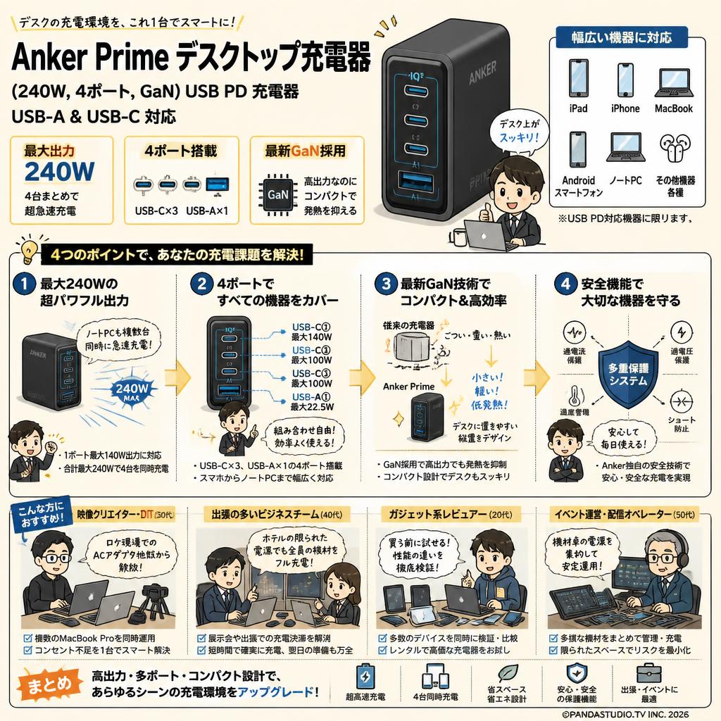 Anker Prime Desktop Charger (240W, 4 ports, GaN)(USB PD 充電器 USB-A & USB-C) iPad iPhone MacBook Android スマートフォン ノートPC 各種 その他機器対応 (ブラック) おもな対象のお客様