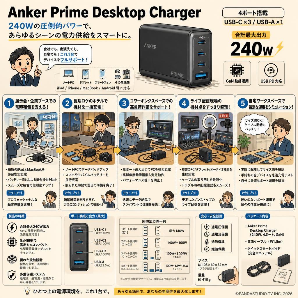 Anker Prime Desktop Charger (240W, 4 ports, GaN)(USB PD 充電器 USB-A & USB-C) iPad iPhone MacBook Android スマートフォン ノートPC 各種 その他機器対応 (ブラック) 用途