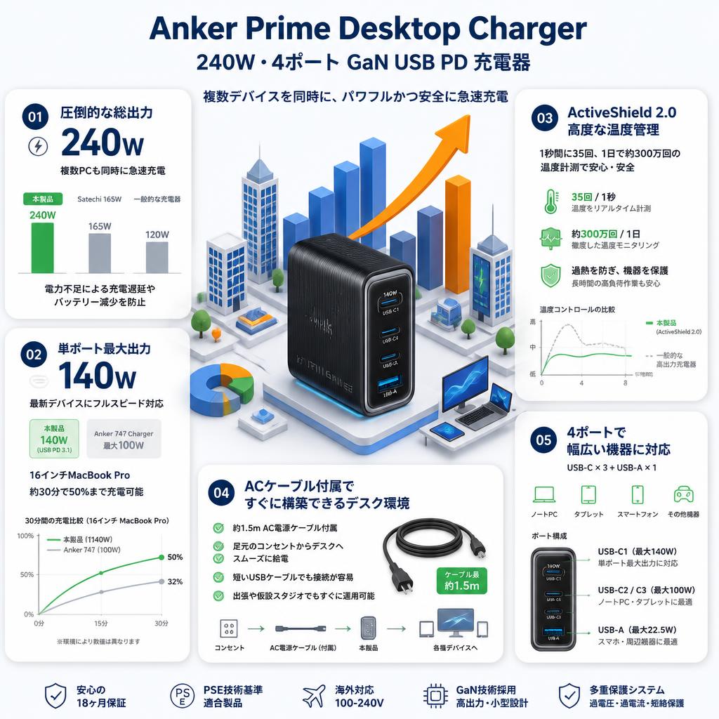 Anker Prime Desktop Charger (240W, 4 ports, GaN)(USB PD 充電器 USB-A & USB-C) iPad iPhone MacBook Android スマートフォン ノートPC 各種 その他機器対応 (ブラック) セールスポイント