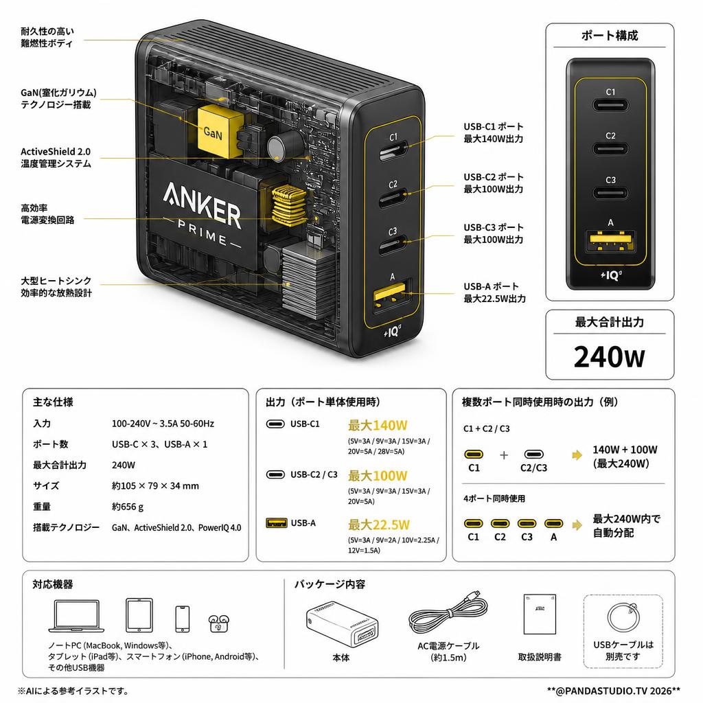 Anker Prime Desktop Charger (240W, 4 ports, GaN)(USB PD 充電器 USB-A & USB-C) iPad iPhone MacBook Android スマートフォン ノートPC 各種 その他機器対応 (ブラック) スペック
