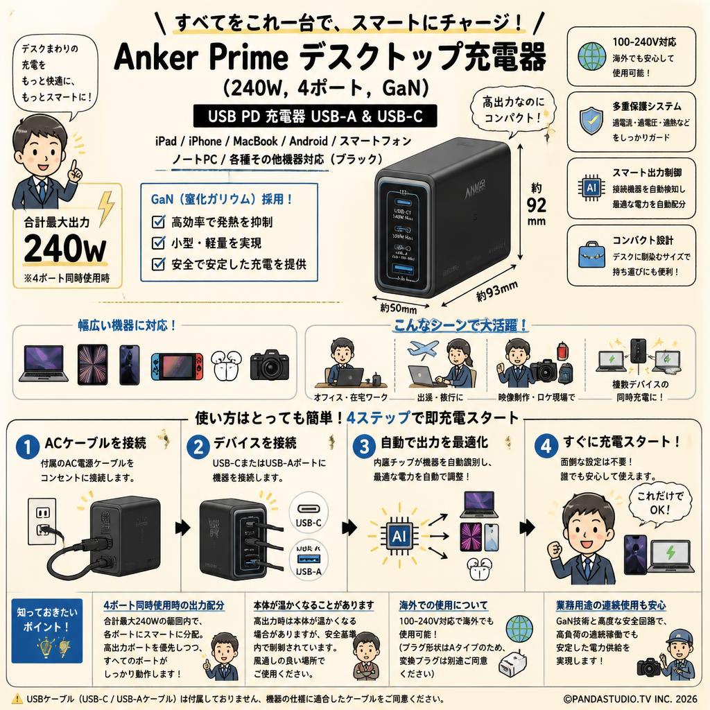 Anker Prime Desktop Charger (240W, 4 ports, GaN)(USB PD 充電器 USB-A & USB-C) iPad iPhone MacBook Android スマートフォン ノートPC 各種 その他機器対応 (ブラック) FAQ（よくある質問と答え）