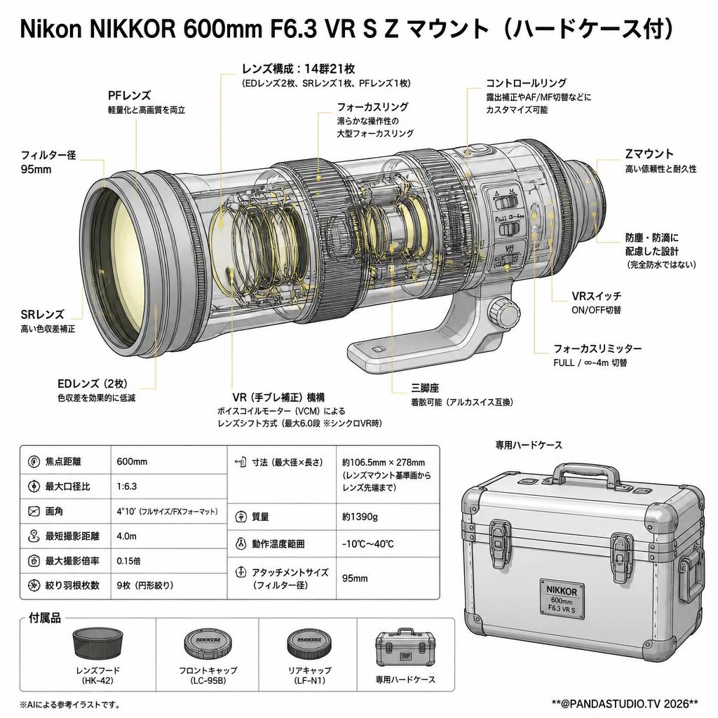 Nikon NIKKOR 600mm F6.3 VR S Z マウント (ハードケース付) スペック