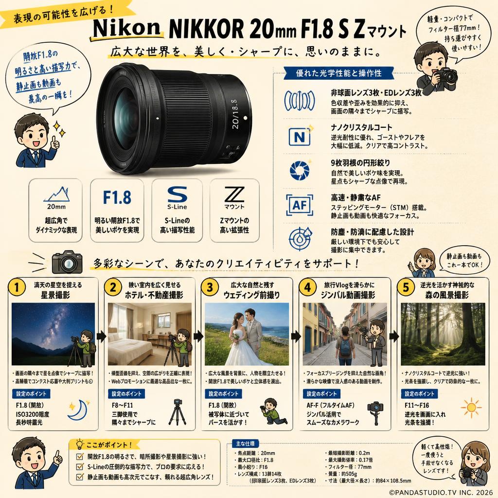Nikon NIKKOR  20mm F1.8 S  Zマウント 用途