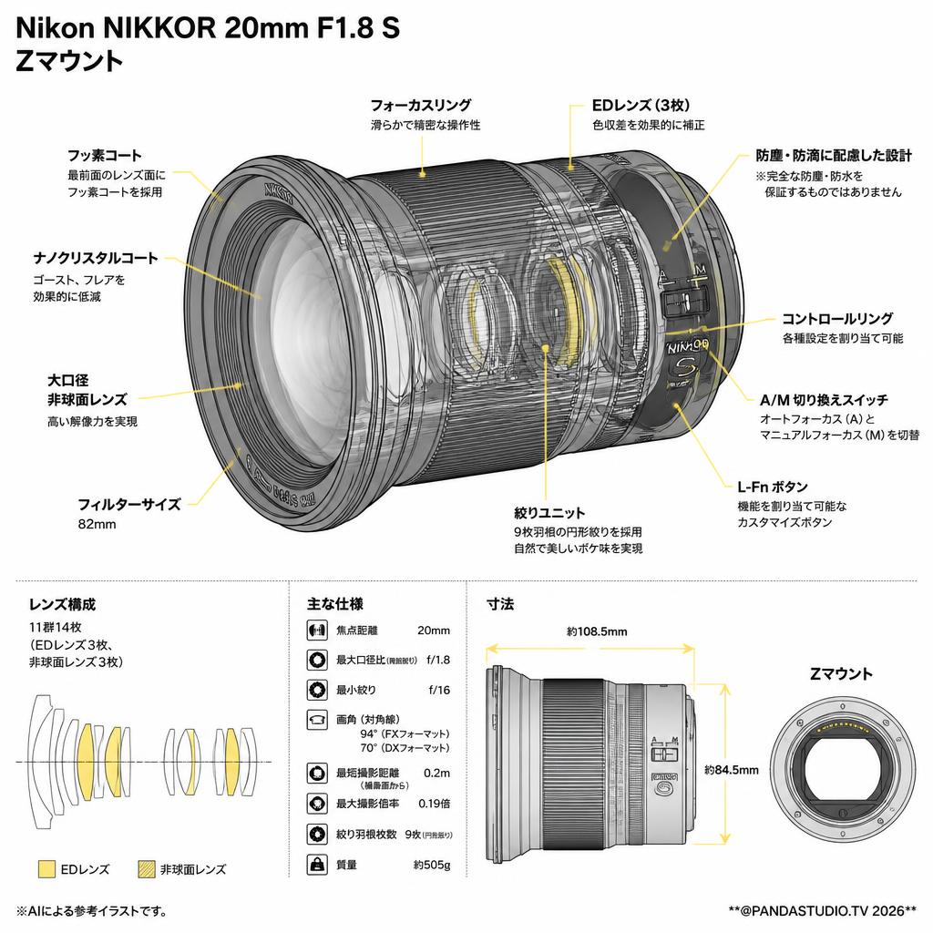 Nikon NIKKOR  20mm F1.8 S  Zマウント スペック