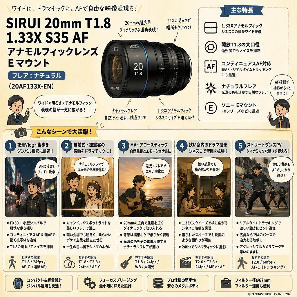 SIRUI 20mm T1.8 1.33X S35 AF アナモルフィックレンズ Eマウント（フレア：ナチュラル）（ 20AF133X-EN ） 用途
